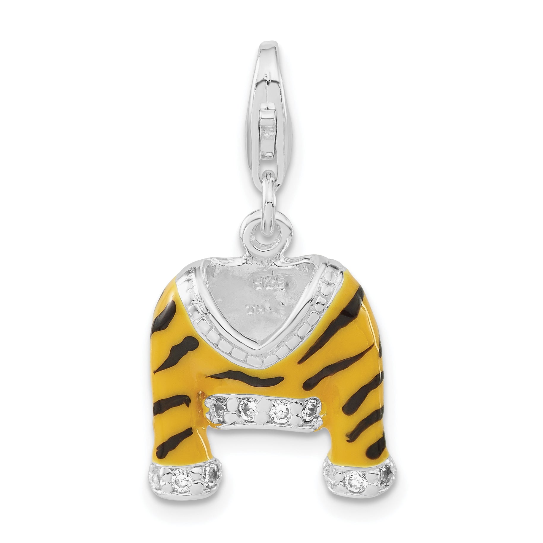 Sterling Silver Polished CZ & Enamel Tiger Jacket w/Lobster Clasp Charm