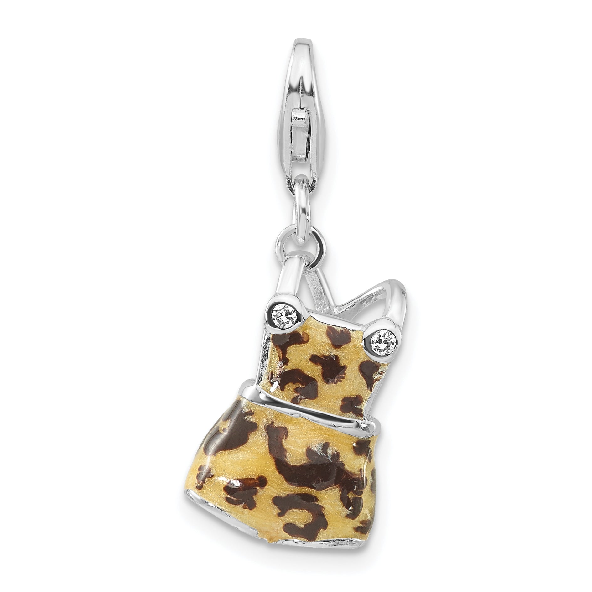 Sterling Silver Polished 3-D CZ Black & Tan Enameled Overalls w/Lobster Clasp Charm Main image