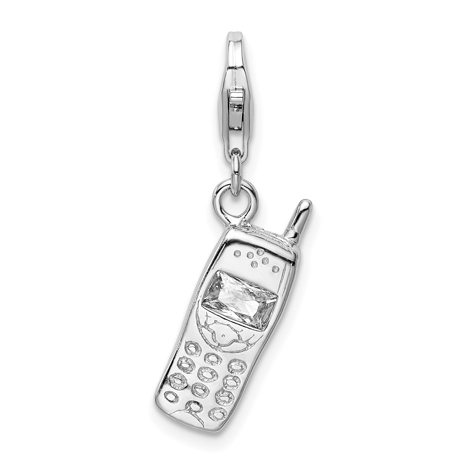 Amore La Vita Sterling Silver Rhodium-plated Polished CZ Cell Phone Charm with Fancy Lobster Clasp Main image