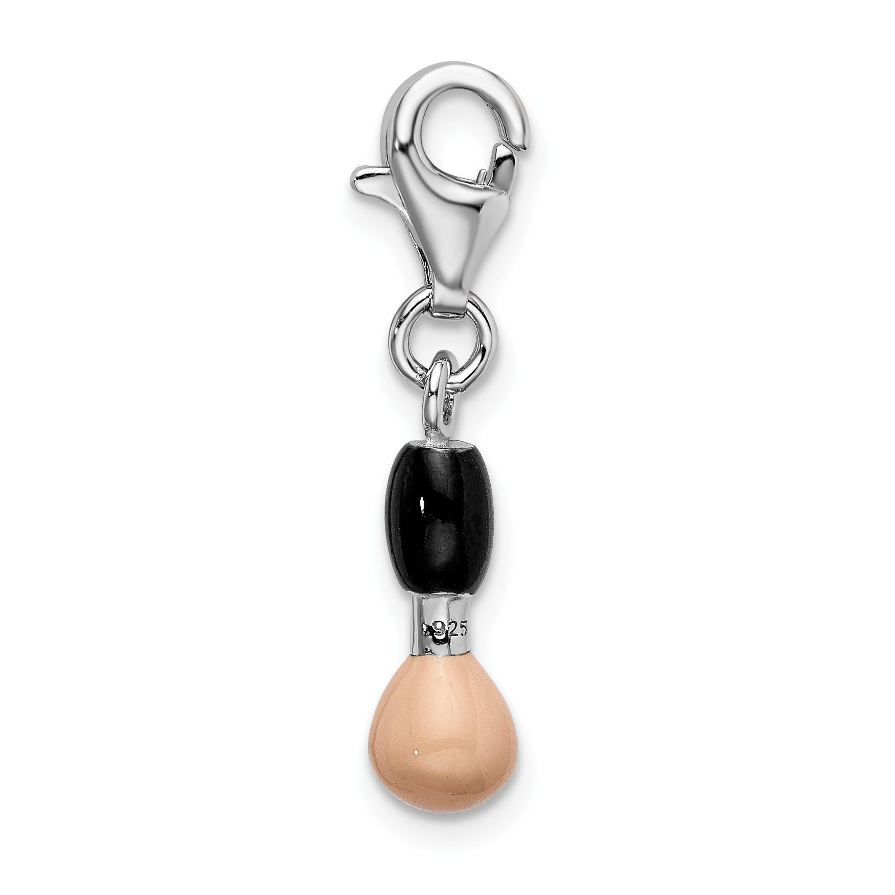 Amore La Vita Sterling Silver Rhodium-plated Polished 3-D Black and Pink Enameled Blush Brush Charm with Fancy Lobster Clasp