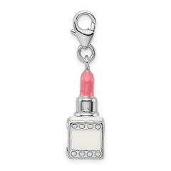 Amore La Vita Sterling Silver Rhodium-plated Polished 3-D Enameled Crystal From Swarovski Pink Lipstick Charm with Fancy Lobster Clasp