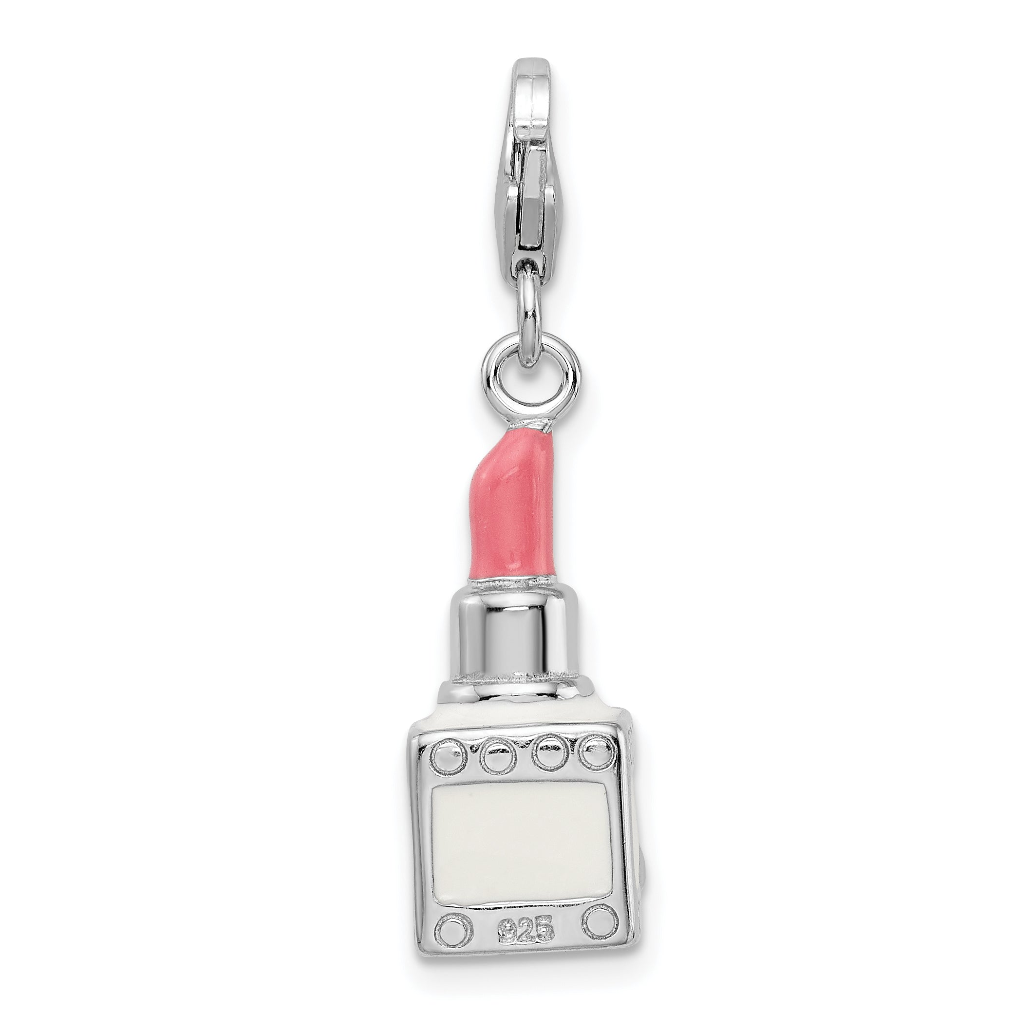 Amore La Vita Sterling Silver Rhodium-plated Polished 3-D Enameled Crystal From Swarovski Pink Lipstick Charm with Fancy Lobster Clasp