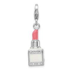 Amore La Vita Sterling Silver Rhodium-plated Polished 3-D Enameled Crystal From Swarovski Pink Lipstick Charm with Fancy Lobster Clasp
