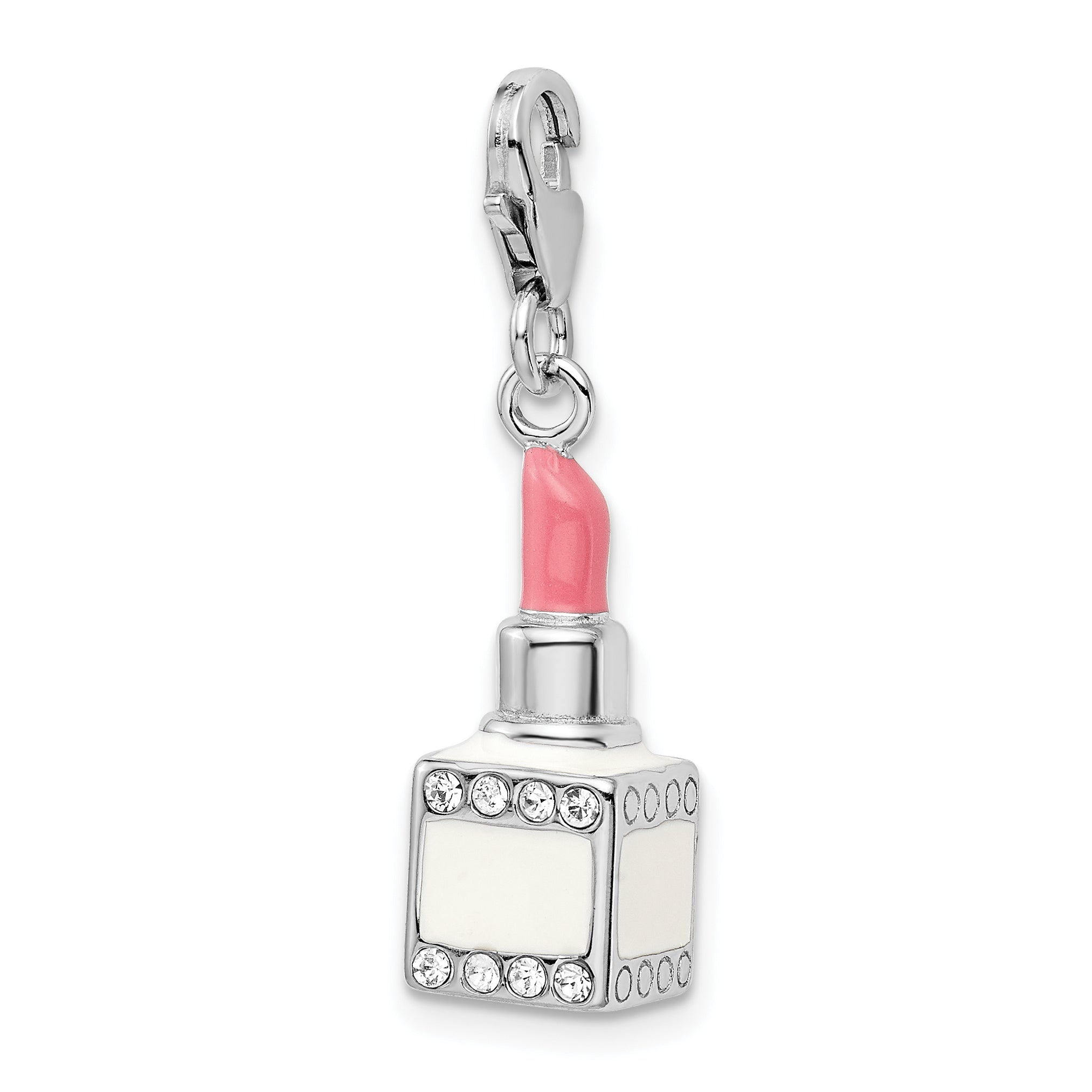 Amore La Vita Sterling Silver Rhodium-plated Polished 3-D Enameled Crystal From Swarovski Pink Lipstick Charm with Fancy Lobster Clasp