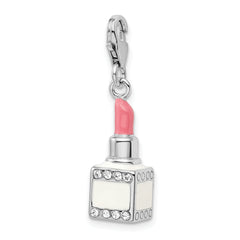 Amore La Vita Sterling Silver Rhodium-plated Polished 3-D Enameled Crystal From Swarovski Pink Lipstick Charm with Fancy Lobster Clasp