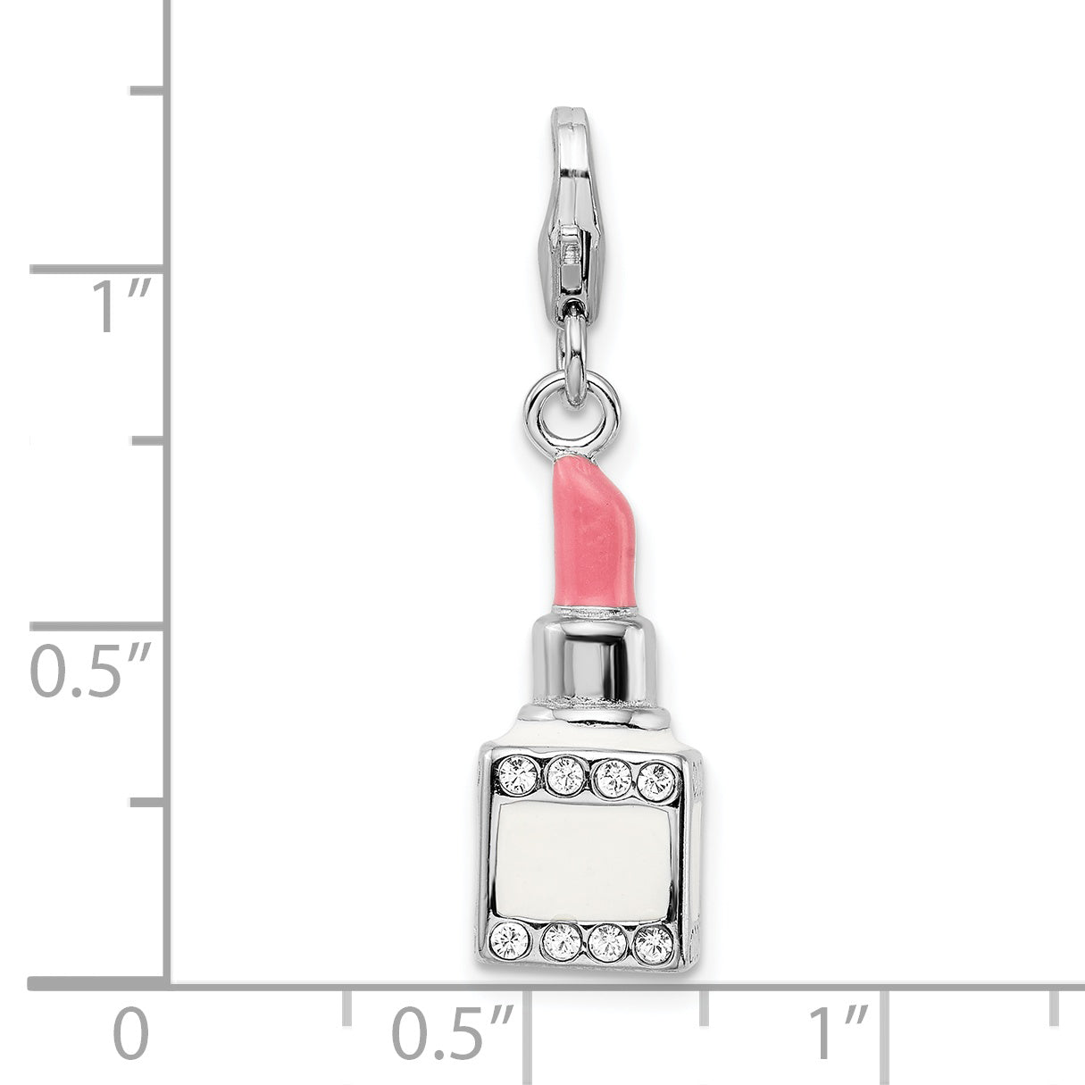 Amore La Vita Sterling Silver Rhodium-plated Polished 3-D Enameled Crystal From Swarovski Pink Lipstick Charm with Fancy Lobster Clasp