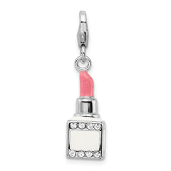 Amore La Vita Sterling Silver Rhodium-plated Polished 3-D Enameled Crystal From Swarovski Pink Lipstick Charm with Fancy Lobster Clasp