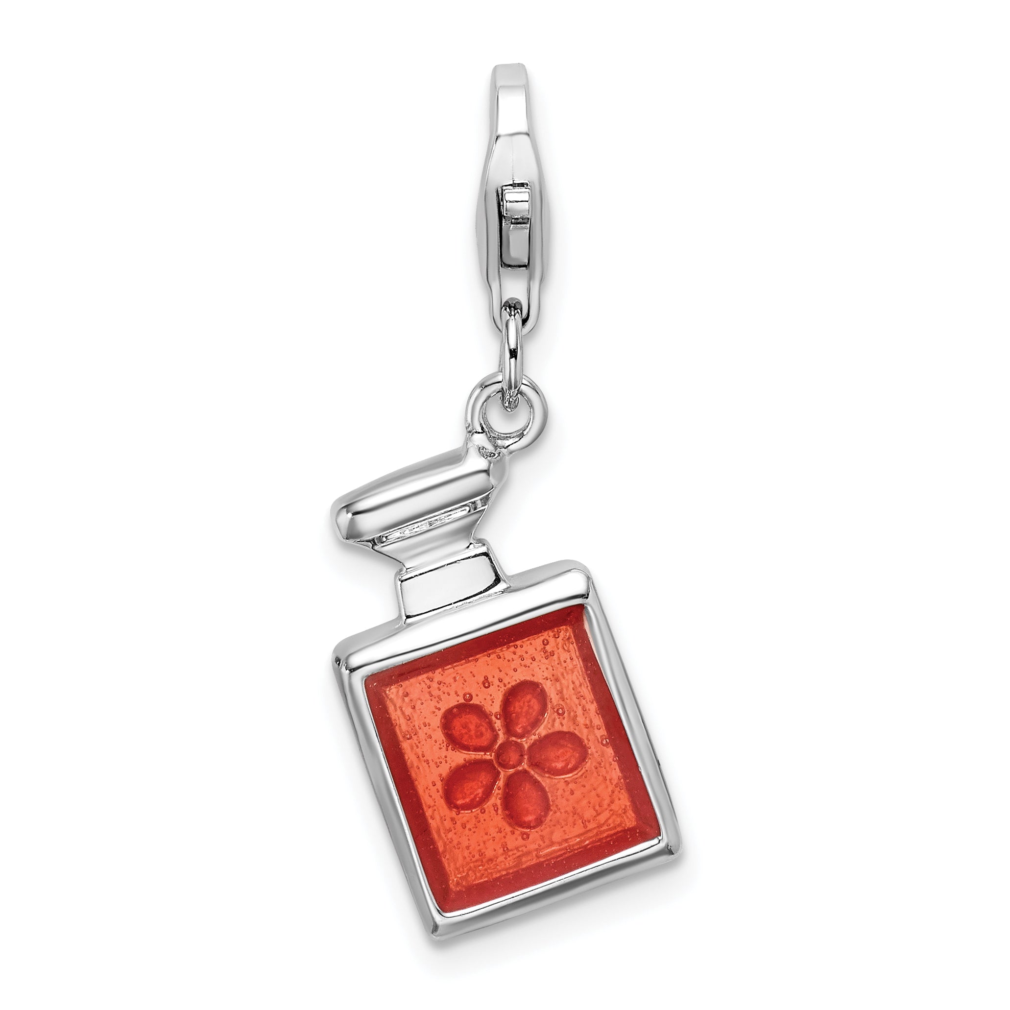 Amore La Vita Sterling Silver Rhodium-plated Polished 3-D Orange Enameled Perfume Bottle Charm with Fancy Lobster Clasp Main image