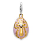 Amore La Vita Sterling Silver Rhodium-plated and Gold-plated Polished 3-D Crystal From Crystal Enameled Pink Egg with Cross Charm with Fancy Lobster Clasp