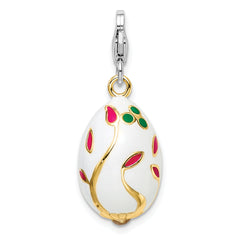 Amore La Vita Sterling Silver Rhodium-plated and Gold-plated Polished 3-D Enameled White Egg Charm with Fancy Lobster Clasp