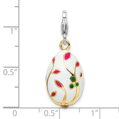 Amore La Vita Sterling Silver Rhodium-plated and Gold-plated Polished 3-D Enameled White Egg Charm with Fancy Lobster Clasp