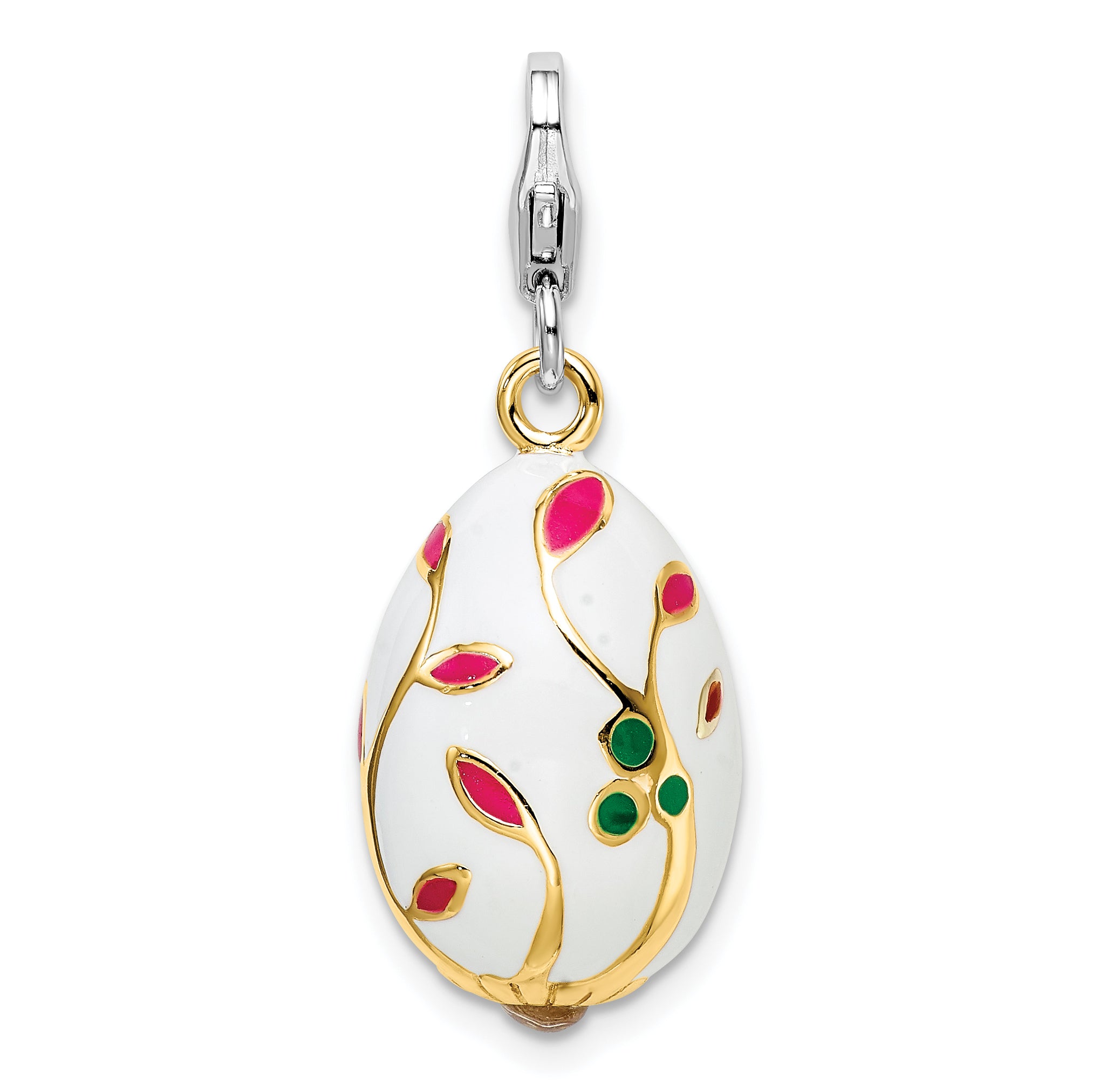 Amore La Vita Sterling Silver Rhodium-plated and Gold-plated Polished 3-D Enameled White Egg Charm with Fancy Lobster Clasp