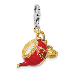 Amore La Vita Sterling Silver Rhodium-plated and Gold-plated Polished 3-D Moveable Red Enameled Oriental Tea Pot Charm with Fancy Lobster Clasp