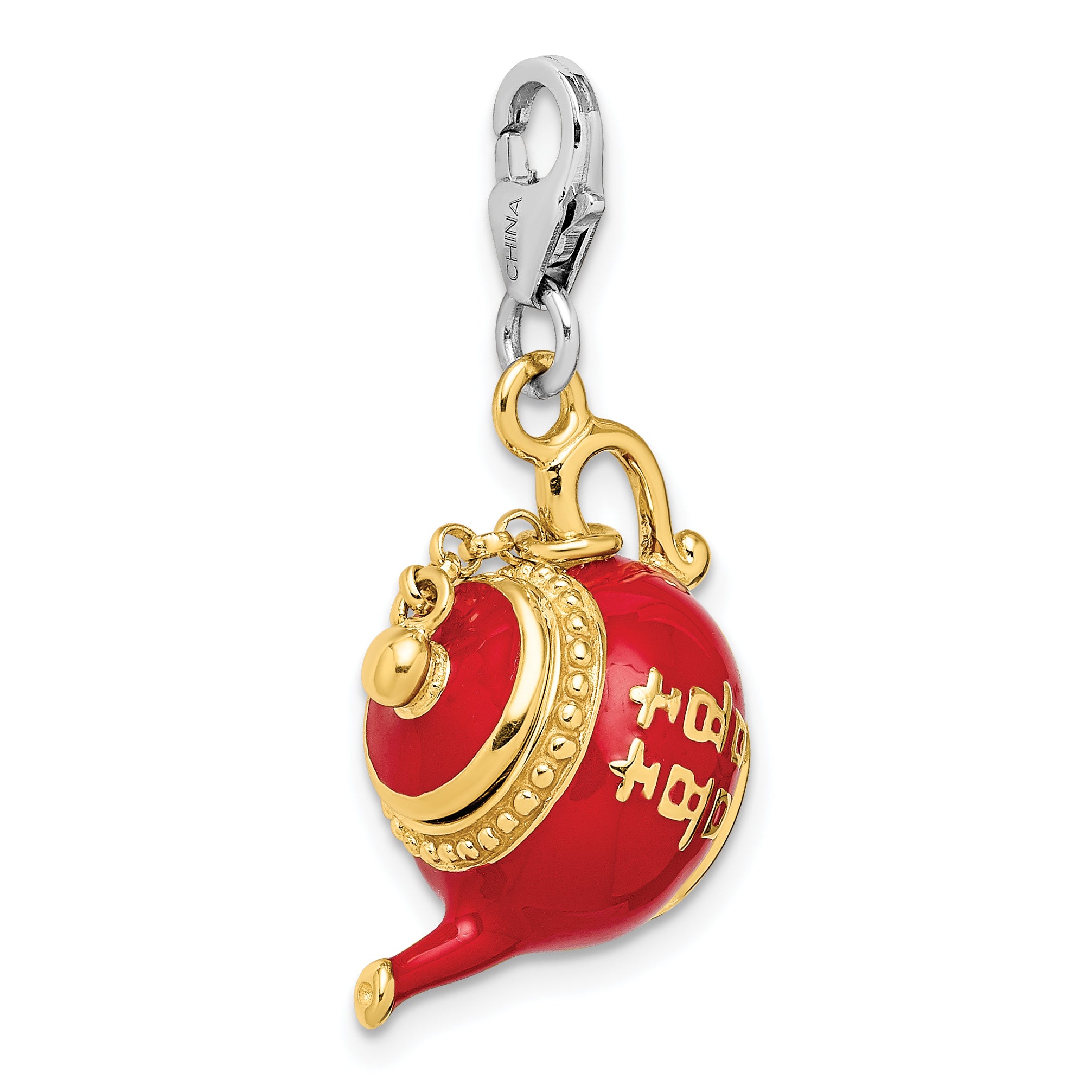 Amore La Vita Sterling Silver Rhodium-plated and Gold-plated Polished 3-D Moveable Red Enameled Oriental Tea Pot Charm with Fancy Lobster Clasp