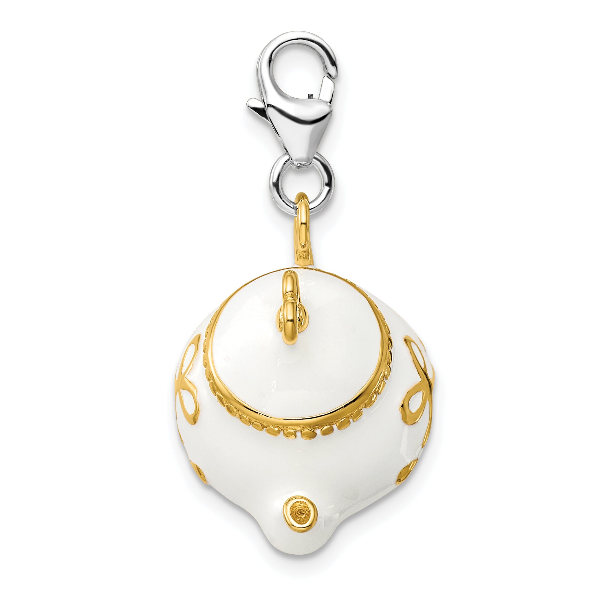 Amore La Vita Sterling Silver Rhodium-plated and Gold-plated Polished 3-D White Enameled Tea Pot Charm with Fancy Lobster Clasp Secondary image