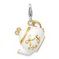 Amore La Vita Sterling Silver Rhodium-plated and Gold-plated Polished 3-D White Enameled Tea Pot Charm with Fancy Lobster Clasp