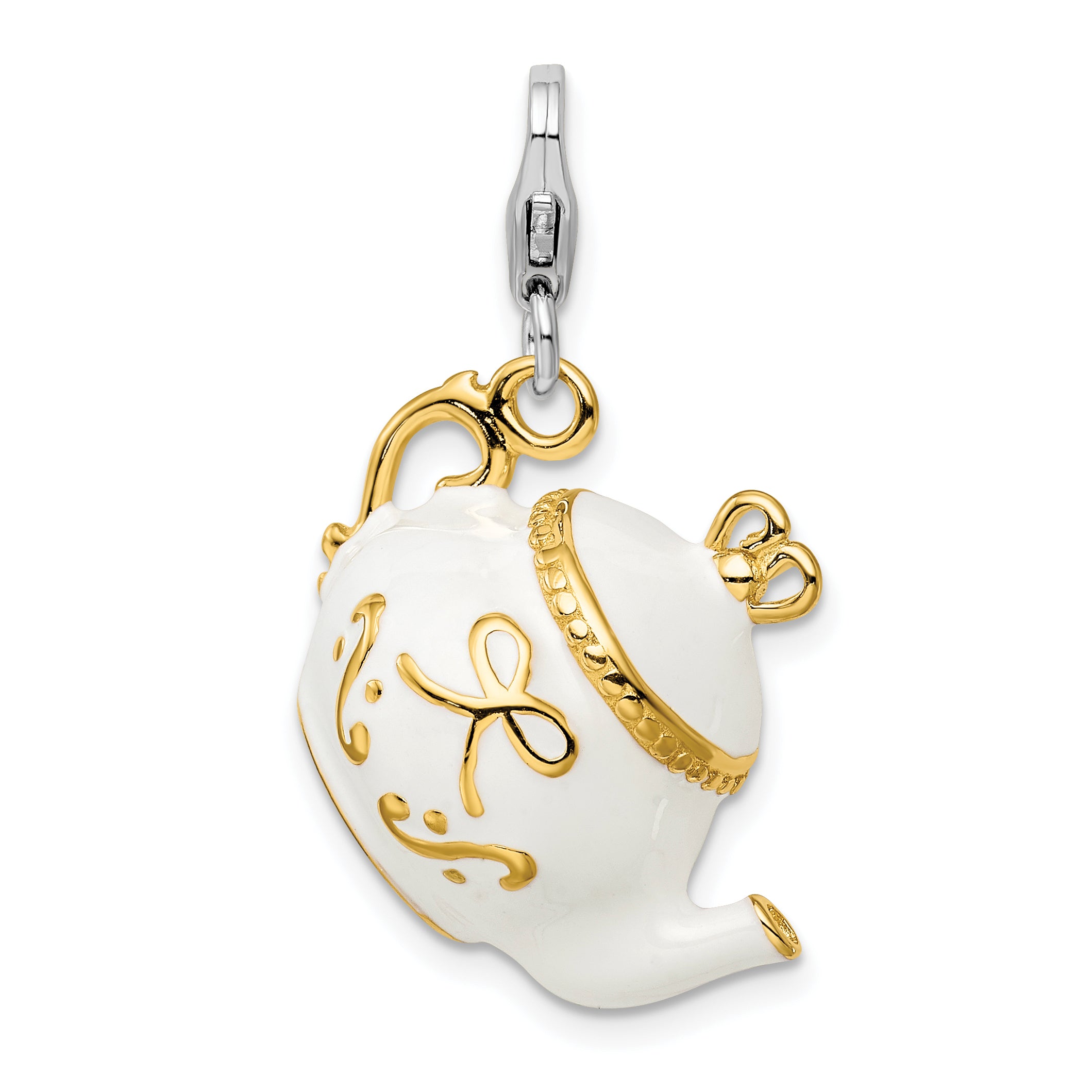 Amore La Vita Sterling Silver Rhodium-plated and Gold-plated Polished 3-D White Enameled Tea Pot Charm with Fancy Lobster Clasp