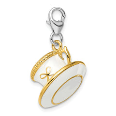 Amore La Vita Sterling Silver Rhodium-plated and Gold-plated Polished 3-D White Enameled Cup Saucer Charm with Fancy Lobster Clasp