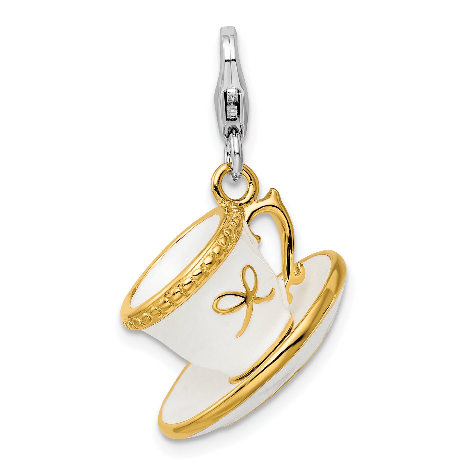 Amore La Vita Sterling Silver Rhodium-plated and Gold-plated Polished 3-D White Enameled Cup Saucer Charm with Fancy Lobster Clasp
