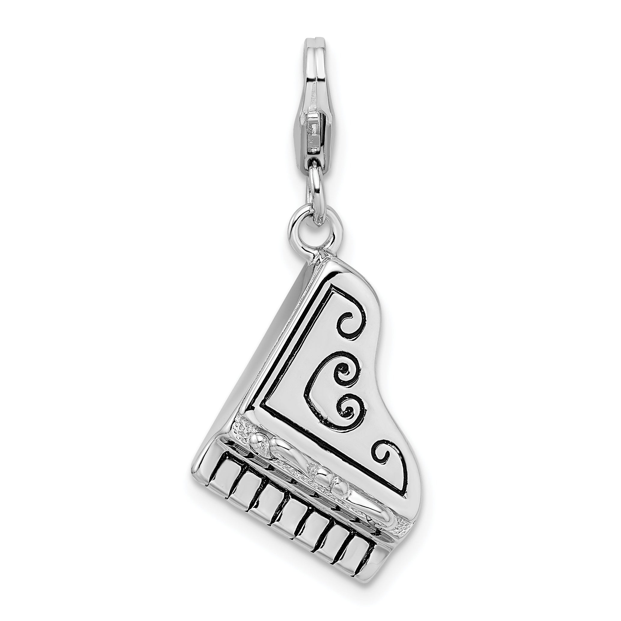 Amore La Vita Sterling Silver Rhodium-plated Polished 3-D Enameled Grand Piano with Heart Scroll Charm with Fancy Lobster Clasp Main image