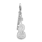 Amore La Vita Sterling Silver Rhodium-plated Polished 3-D Violin with Antiqued Bow Charm with Fancy Lobster Clasp