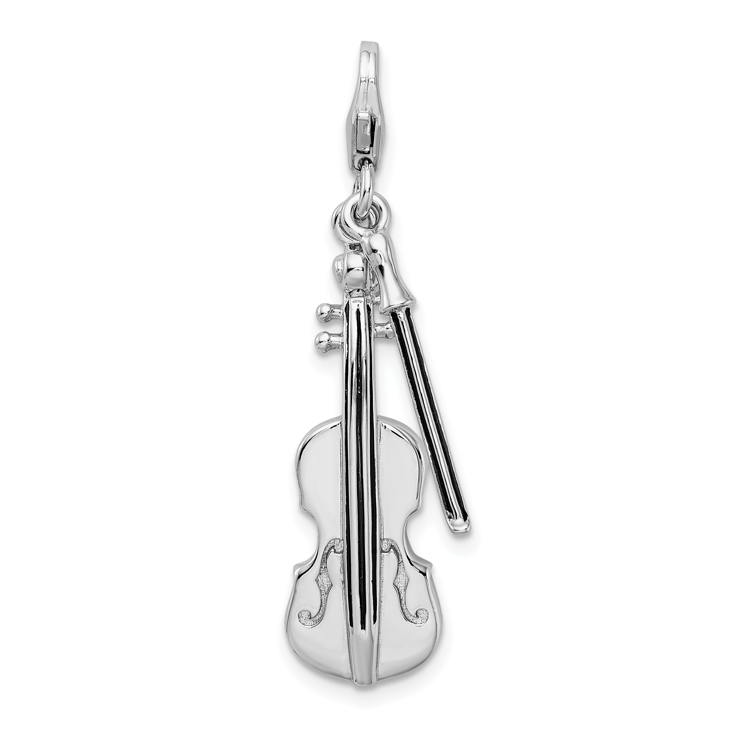 Amore La Vita Sterling Silver Rhodium-plated Polished 3-D Violin with Antiqued Bow Charm with Fancy Lobster Clasp Main image