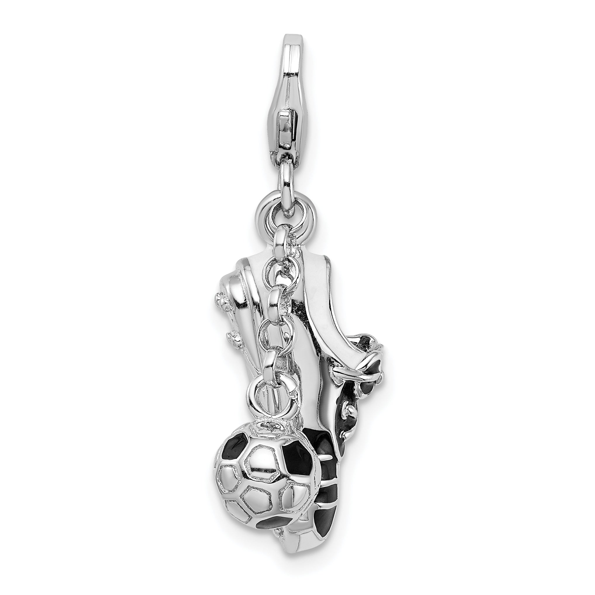 Amore La Vita Sterling Silver Rhodium-plated Polished 3-D Moveable Enameled Soccer Shoe and Ball Charm with Fancy Lobster Clasp Main image