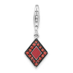 Sterling Silver Rhodium-plated Red CZ & Enamel Diamond Shaped w/Lobster Clasp Charm