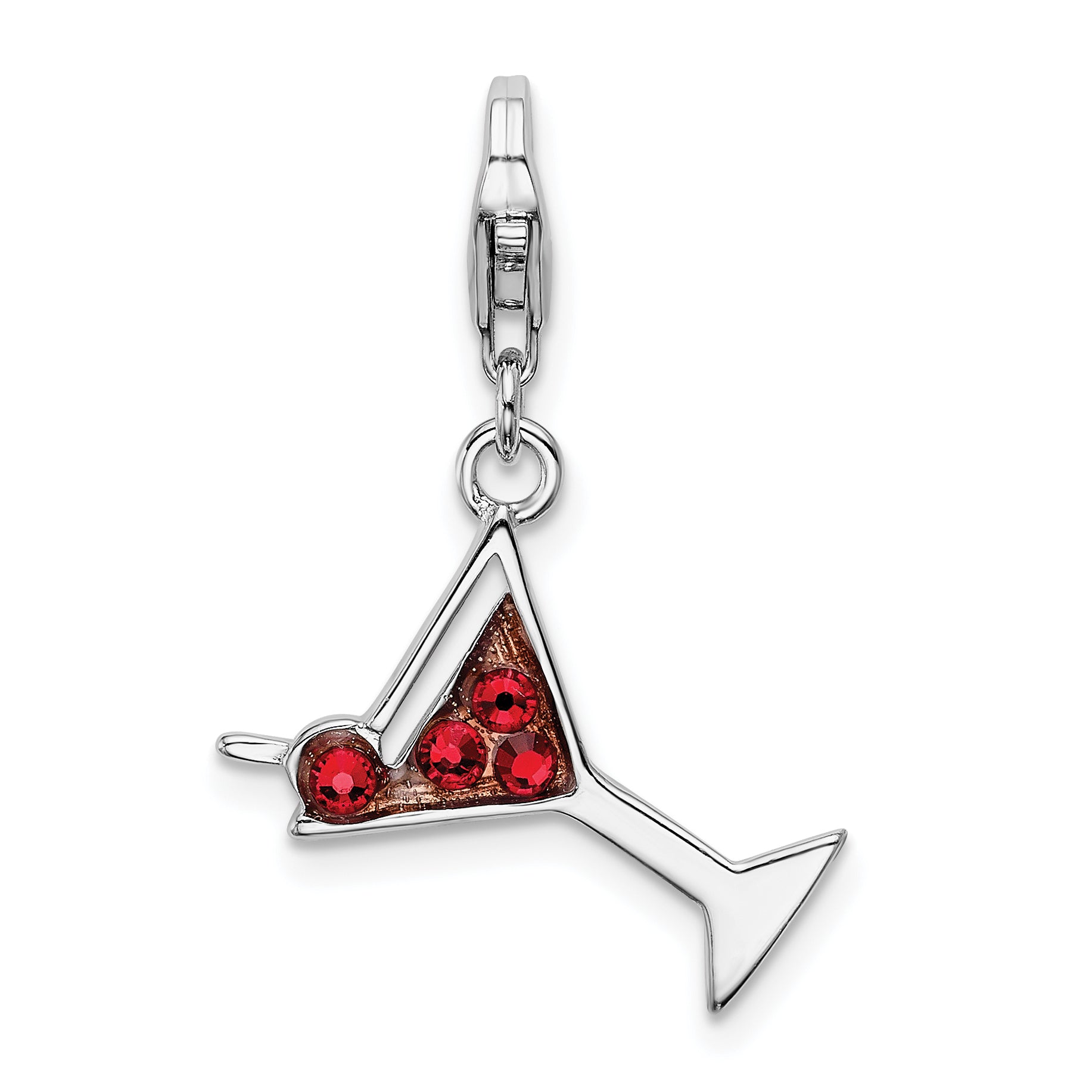 Amore La Vita Sterling Silver Rhodium-plated Polished Enameled Red Crystal Martini Glass Charm with Fancy Lobster Clasp Main image