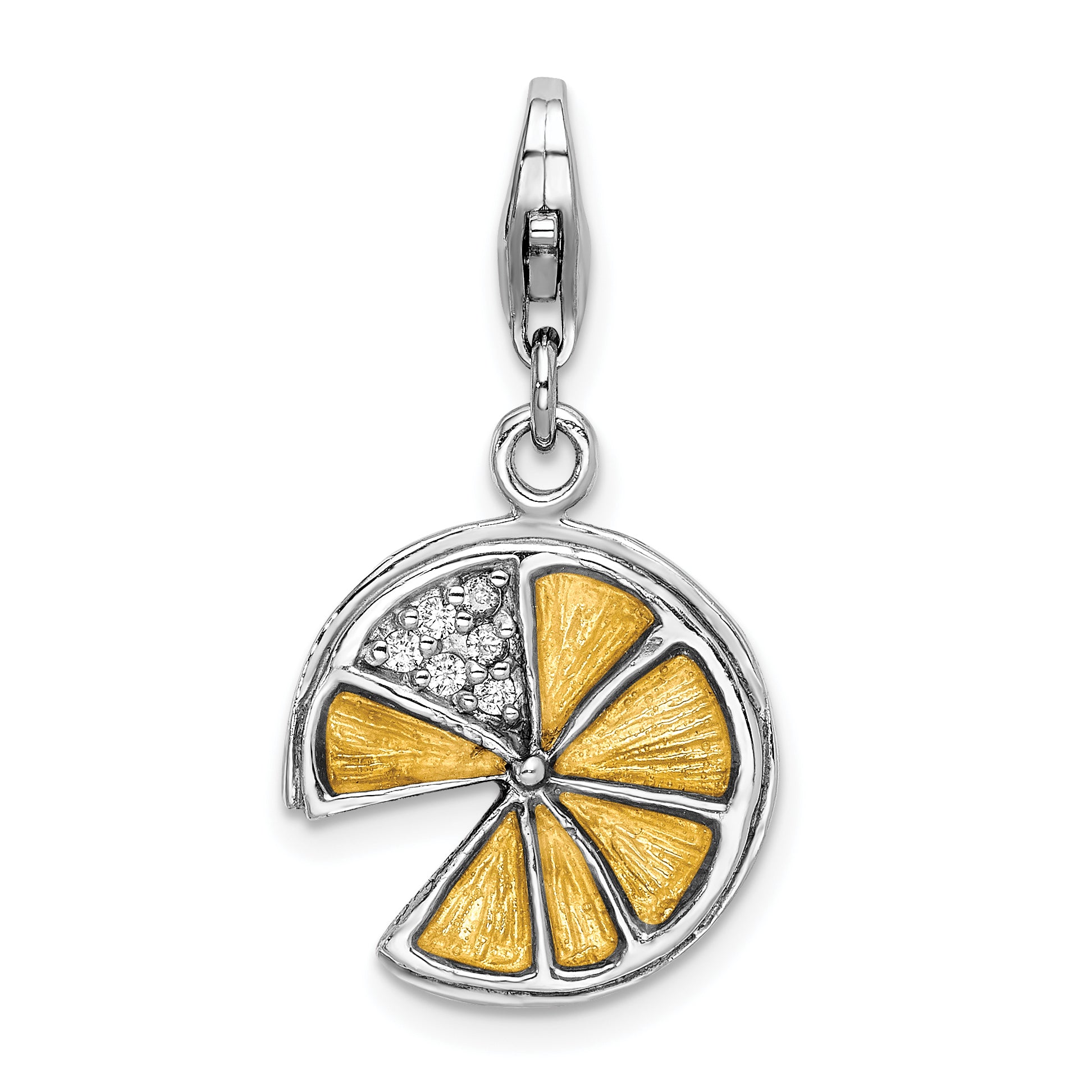 Amore La Vita Sterling Silver Rhodium-plated Polished 3-D Yellow Enameled Lemon Slice Charm with Fancy Lobster Clasp Main image