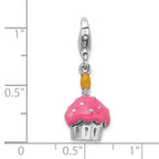 Amore La Vita Sterling Silver Rhodium-plated Polished 3-D Enameled Cupcake and Candle Charm with Fancy Lobster Clasp
