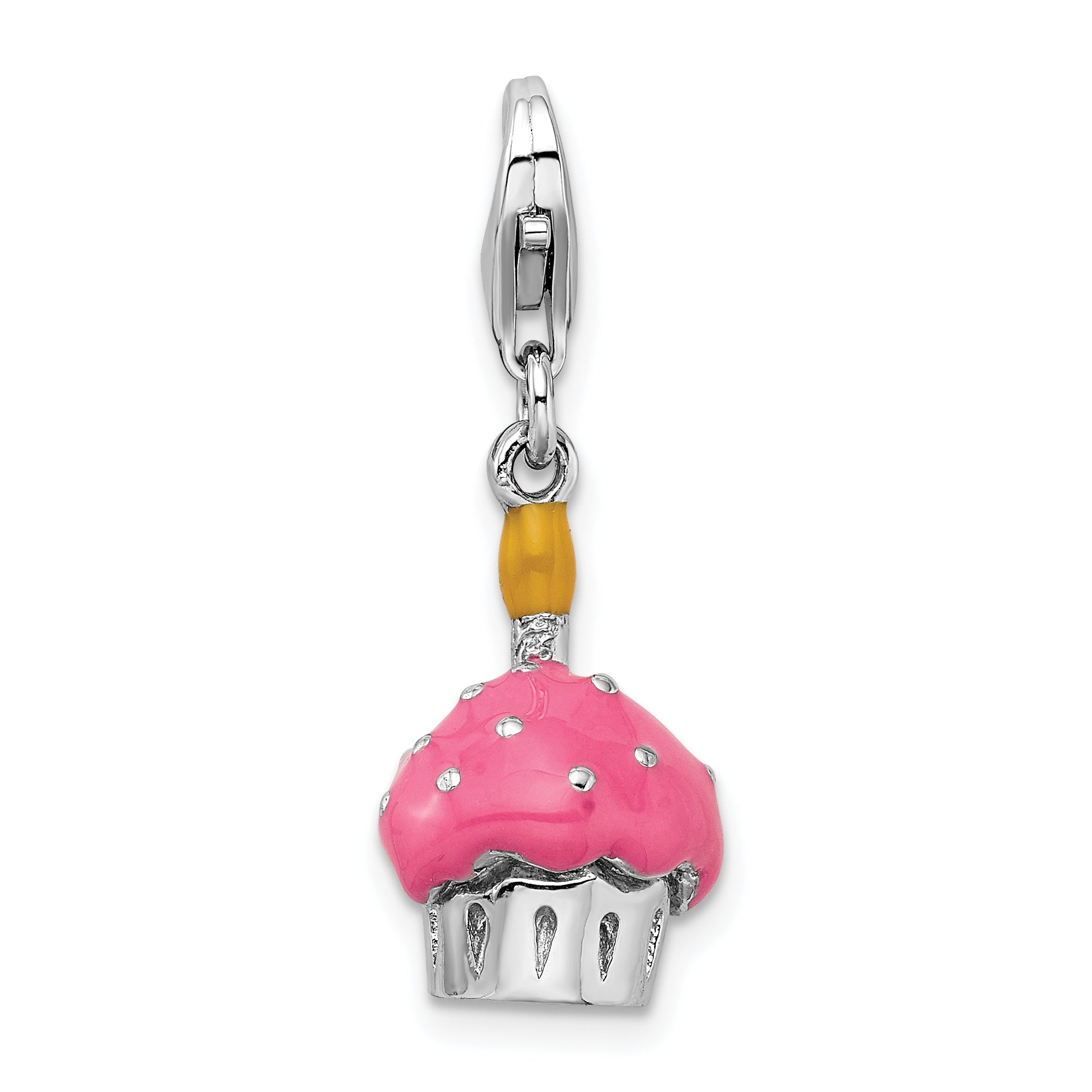Amore La Vita Sterling Silver Rhodium-plated Polished 3-D Enameled Cupcake and Candle Charm with Fancy Lobster Clasp Main image