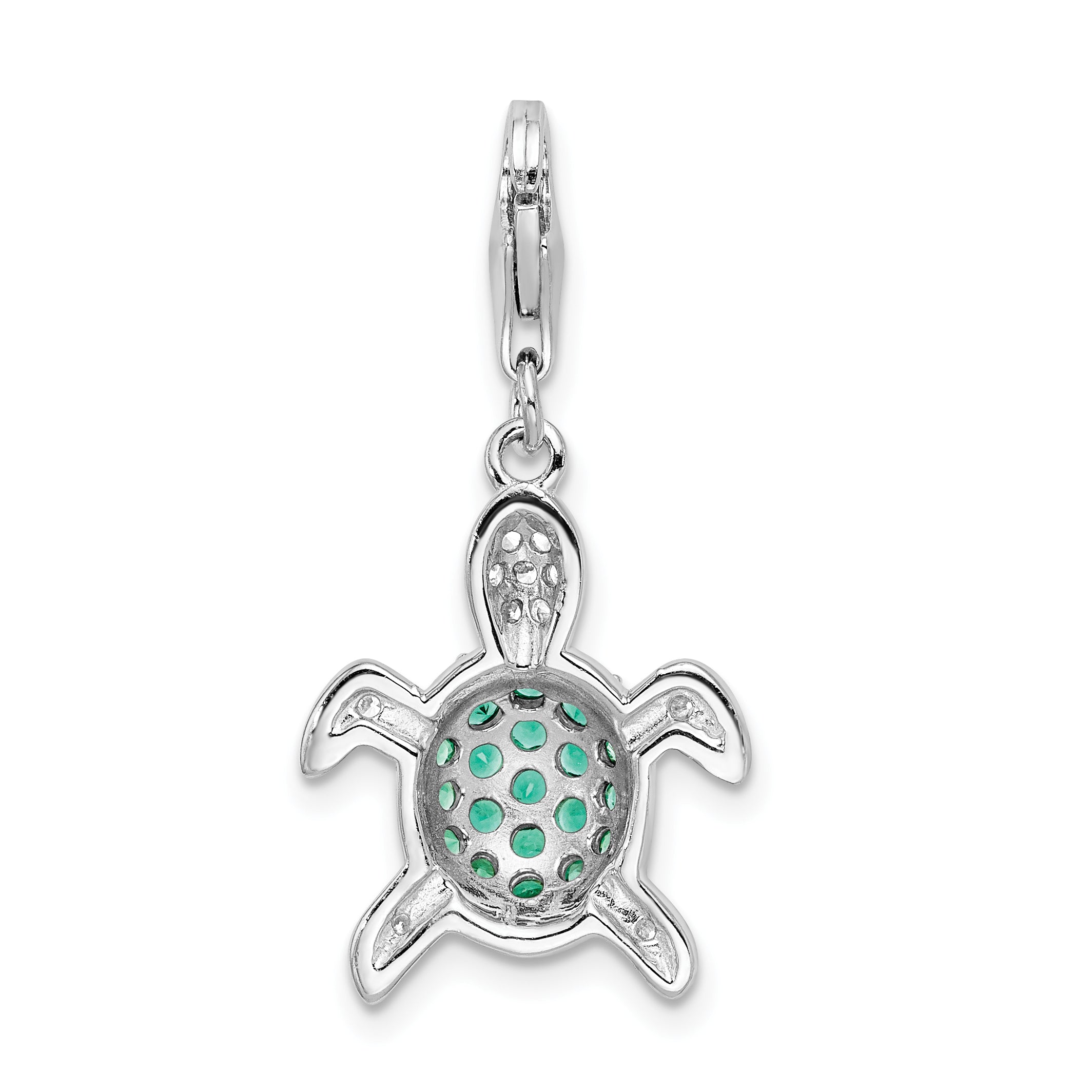 Amore La Vita Sterling Silver Rhodium-plated Polished Green and Clear CZ Turtle Charm with Fancy Lobster Clasp
