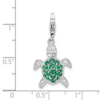 Amore La Vita Sterling Silver Rhodium-plated Polished Green and Clear CZ Turtle Charm with Fancy Lobster Clasp