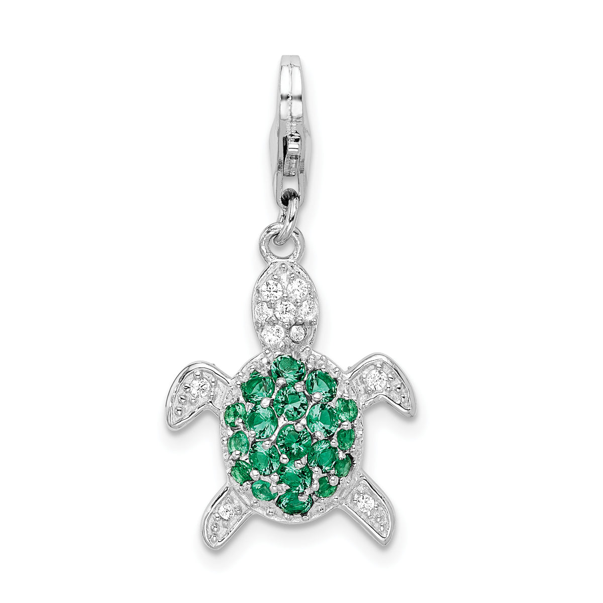 Amore La Vita Sterling Silver Rhodium-plated Polished Green and Clear CZ Turtle Charm with Fancy Lobster Clasp