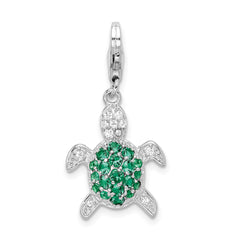 Amore La Vita Sterling Silver Rhodium-plated Polished Green and Clear CZ Turtle Charm with Fancy Lobster Clasp