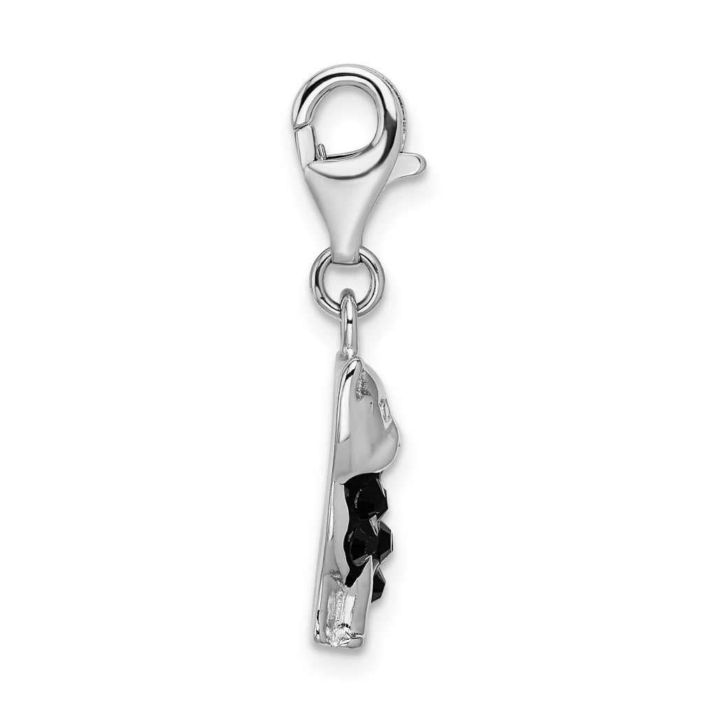 Amore La Vita Sterling Silver Rhodium-plated Polished Enameled Crystal Black Cat Charm with Fancy Lobster Clasp