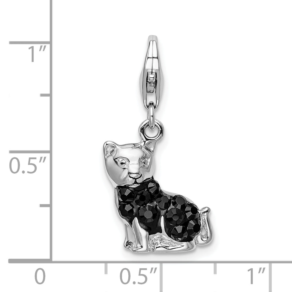 Amore La Vita Sterling Silver Rhodium-plated Polished Enameled Crystal Black Cat Charm with Fancy Lobster Clasp