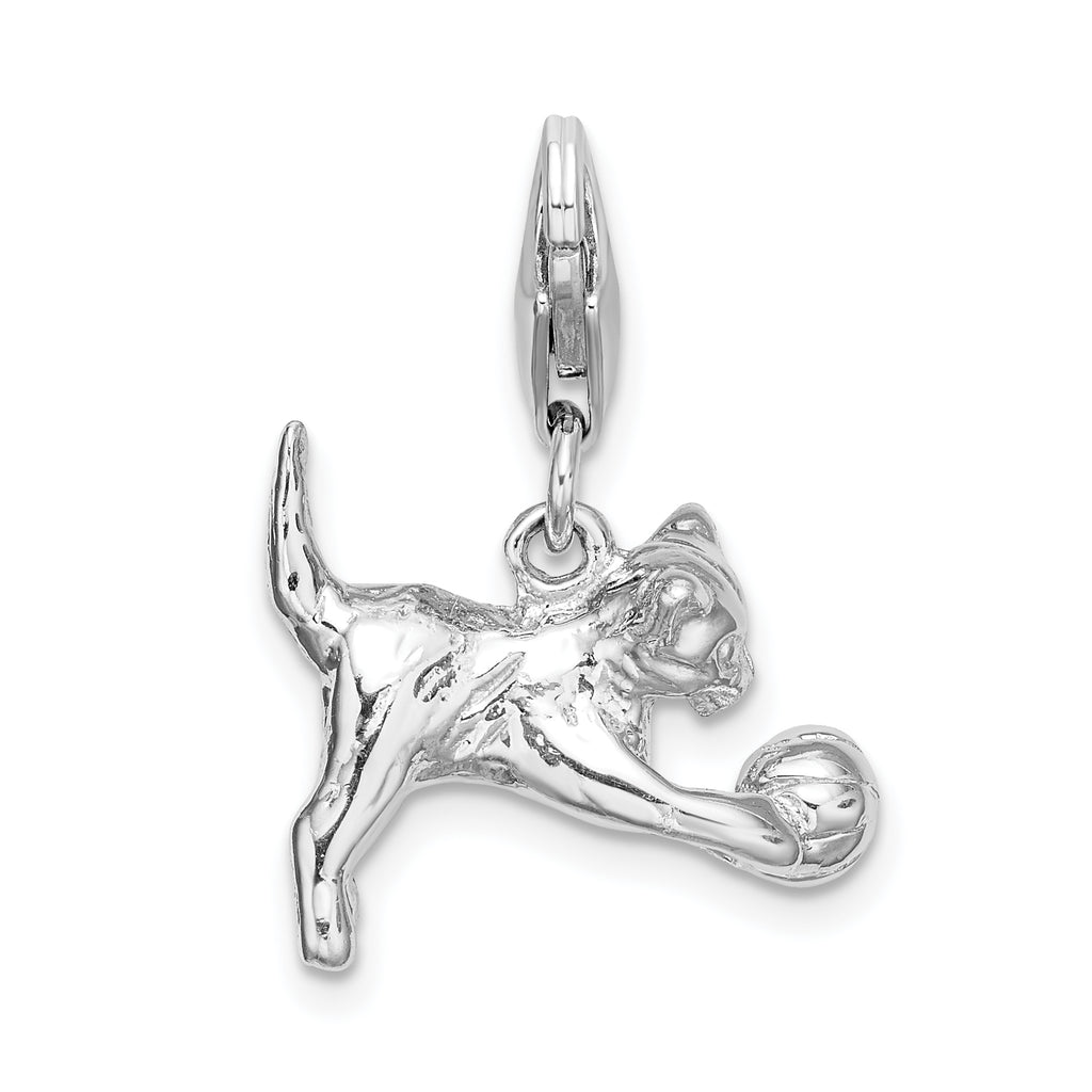 Amore La Vita Sterling Silver Rhodium-plated Polished 3-D Polished Kitten and Ball Charm with Fancy Lobster Clasp