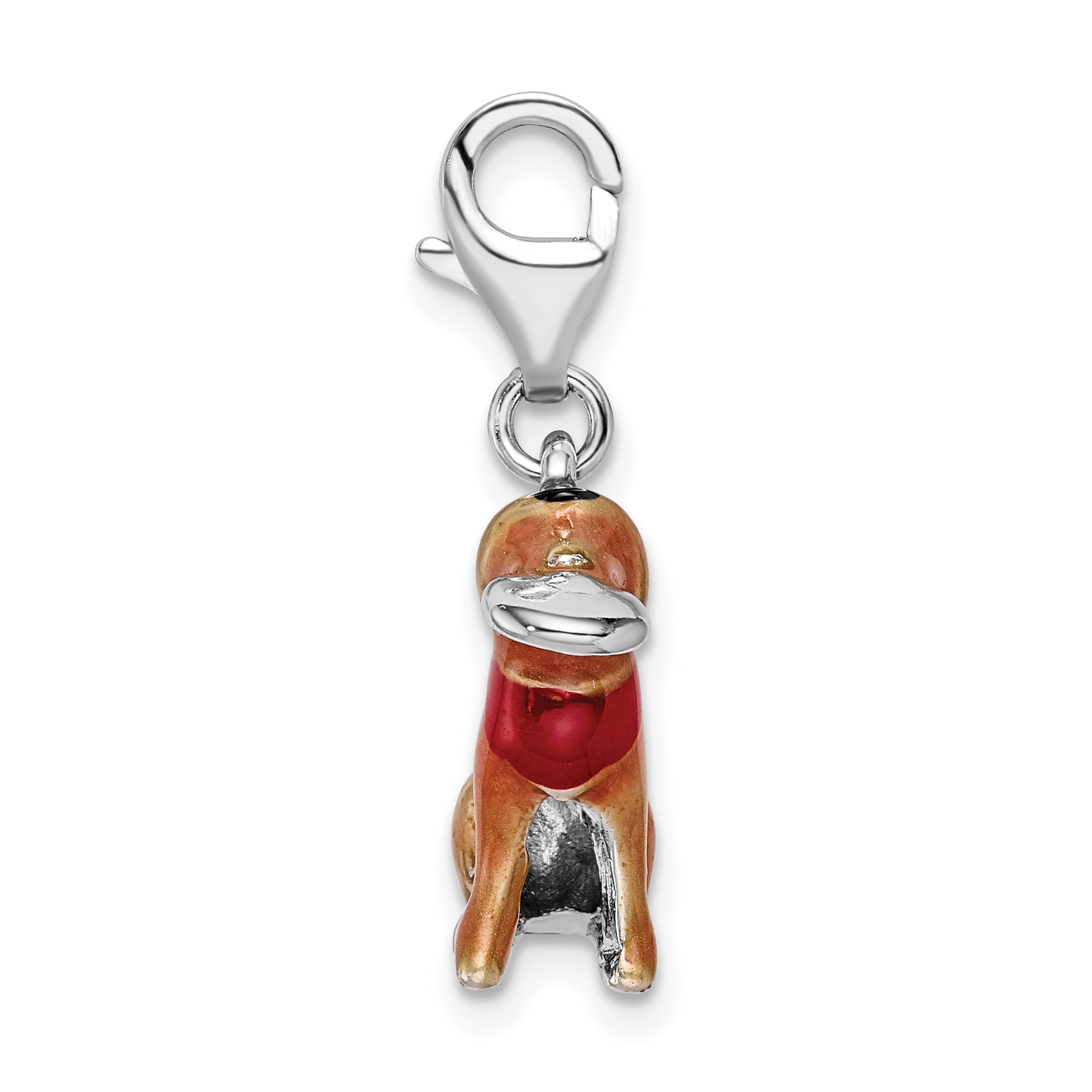 Amore La Vita Sterling Silver Rhodium-plated Polished 3-D Enameled Light Brown Dog and Frisbee Charm with Fancy Lobster Clasp Secondary image