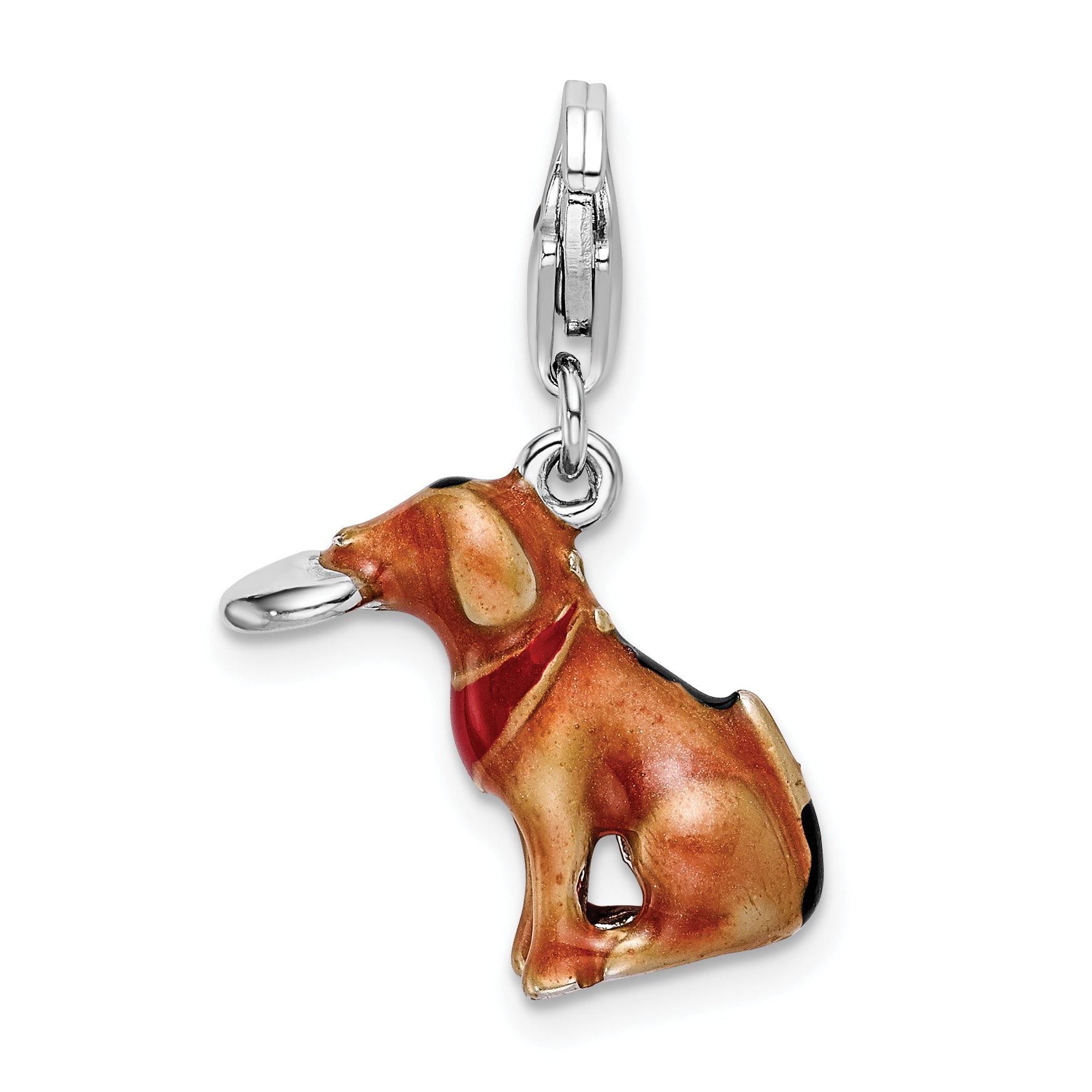 Amore La Vita Sterling Silver Rhodium-plated Polished 3-D Enameled Light Brown Dog and Frisbee Charm with Fancy Lobster Clasp Main image