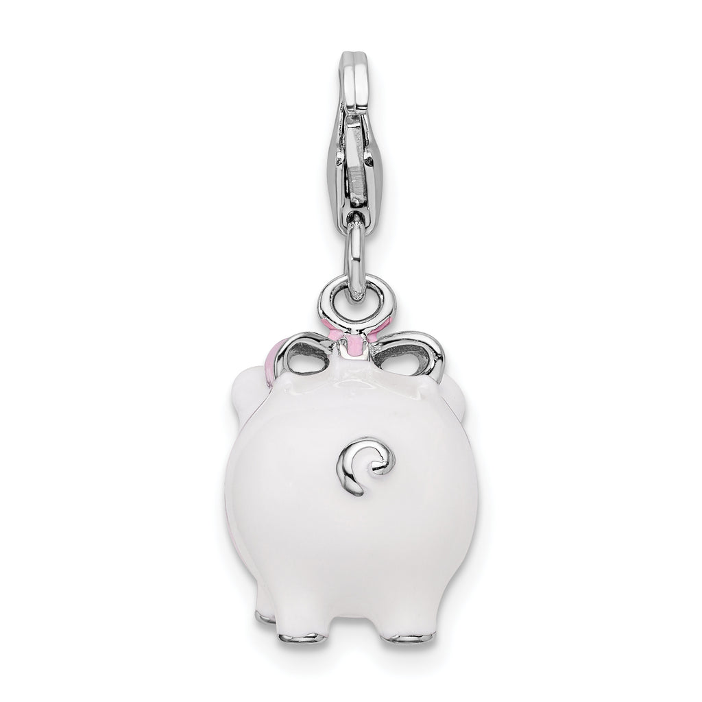 Amore La Vita Sterling Silver Rhodium-plated Polished 3-D Enameled Pig Charm with Fancy Lobster Clasp