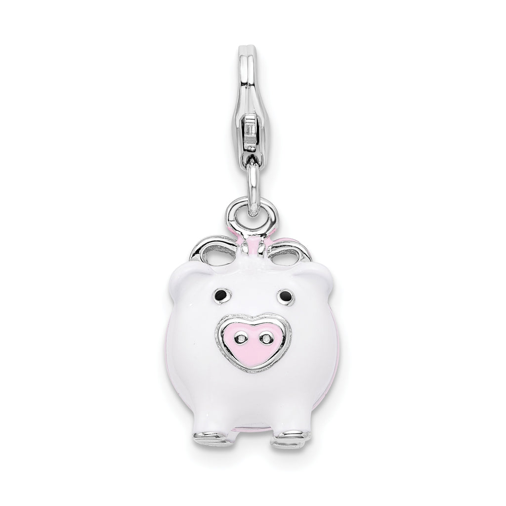 Amore La Vita Sterling Silver Rhodium-plated Polished 3-D Enameled Pig Charm with Fancy Lobster Clasp