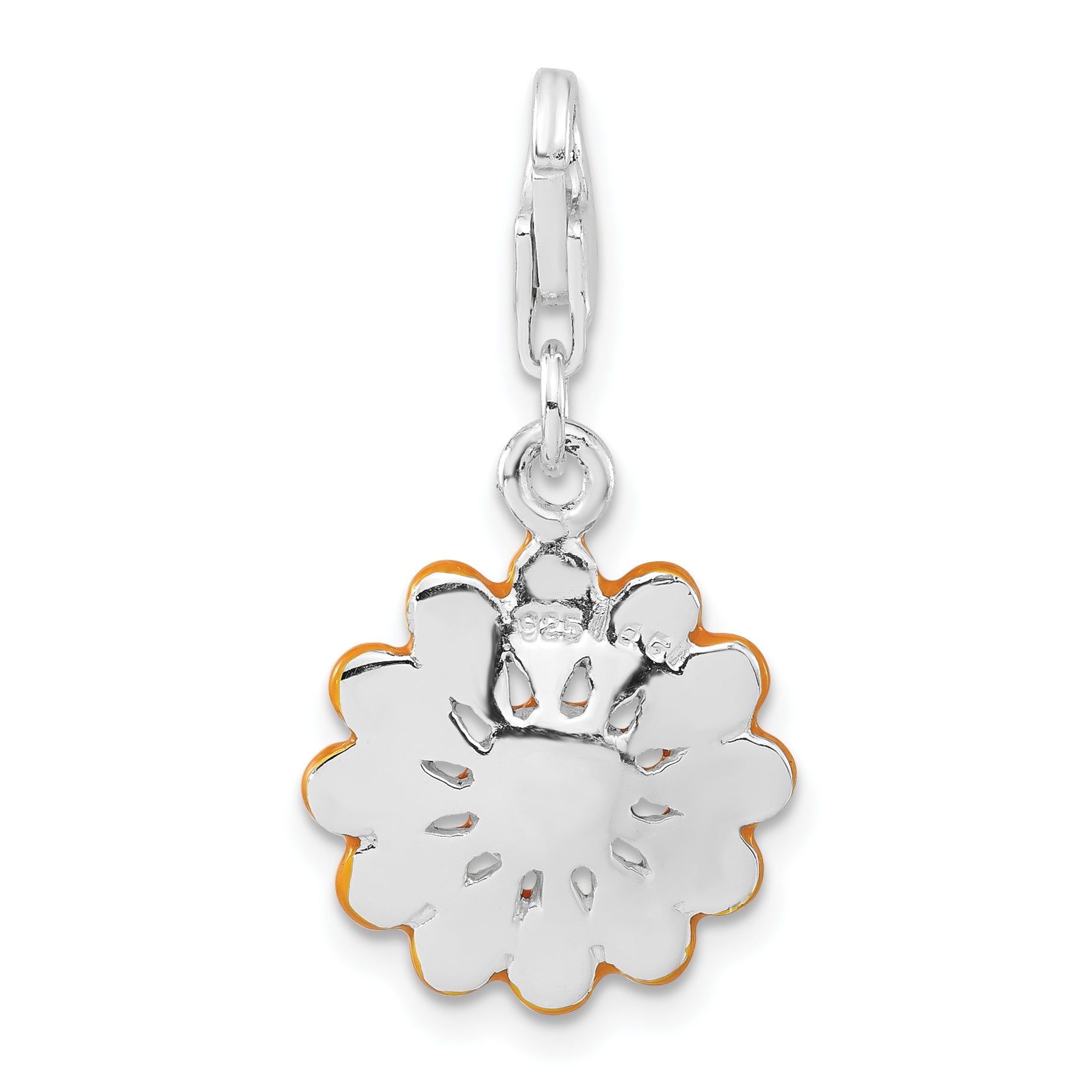 Sterling Silver Orange Enameled Flower w/Lobster Clasp Charm