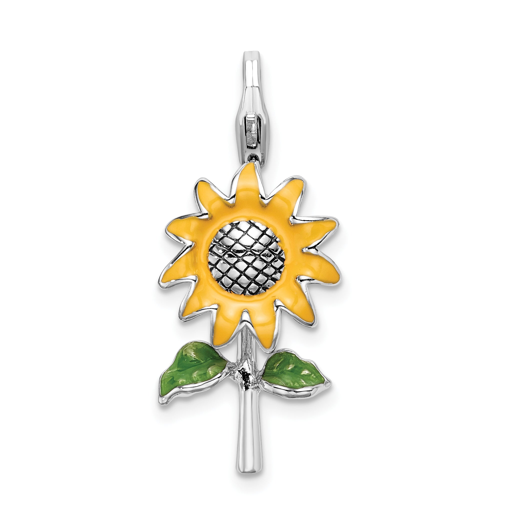 Amore La Vita Sterling Silver Rhodium-plated Polished 3-D Enameled Sunflower Charm with Fancy Lobster Clasp Main image