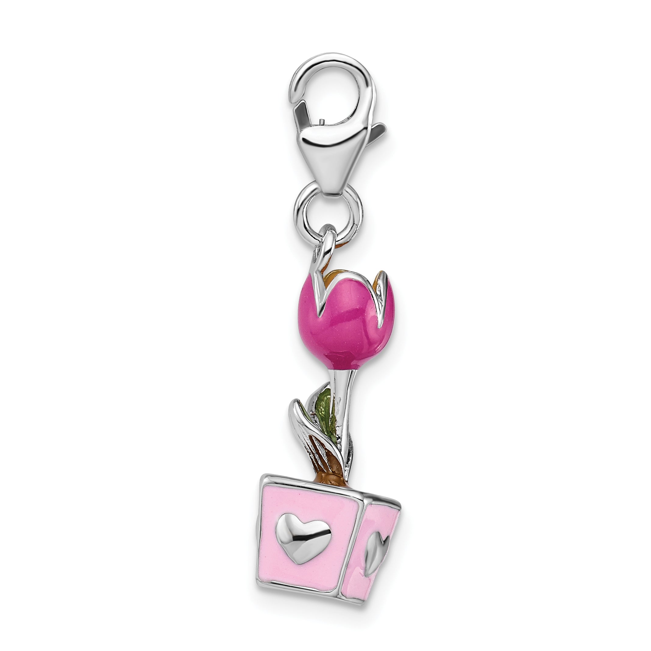 Amore La Vita Sterling Silver Rhodium-plated Polished 3-D Pink Enameled Potted Tulip Charm with Fancy Lobster Clasp Secondary image