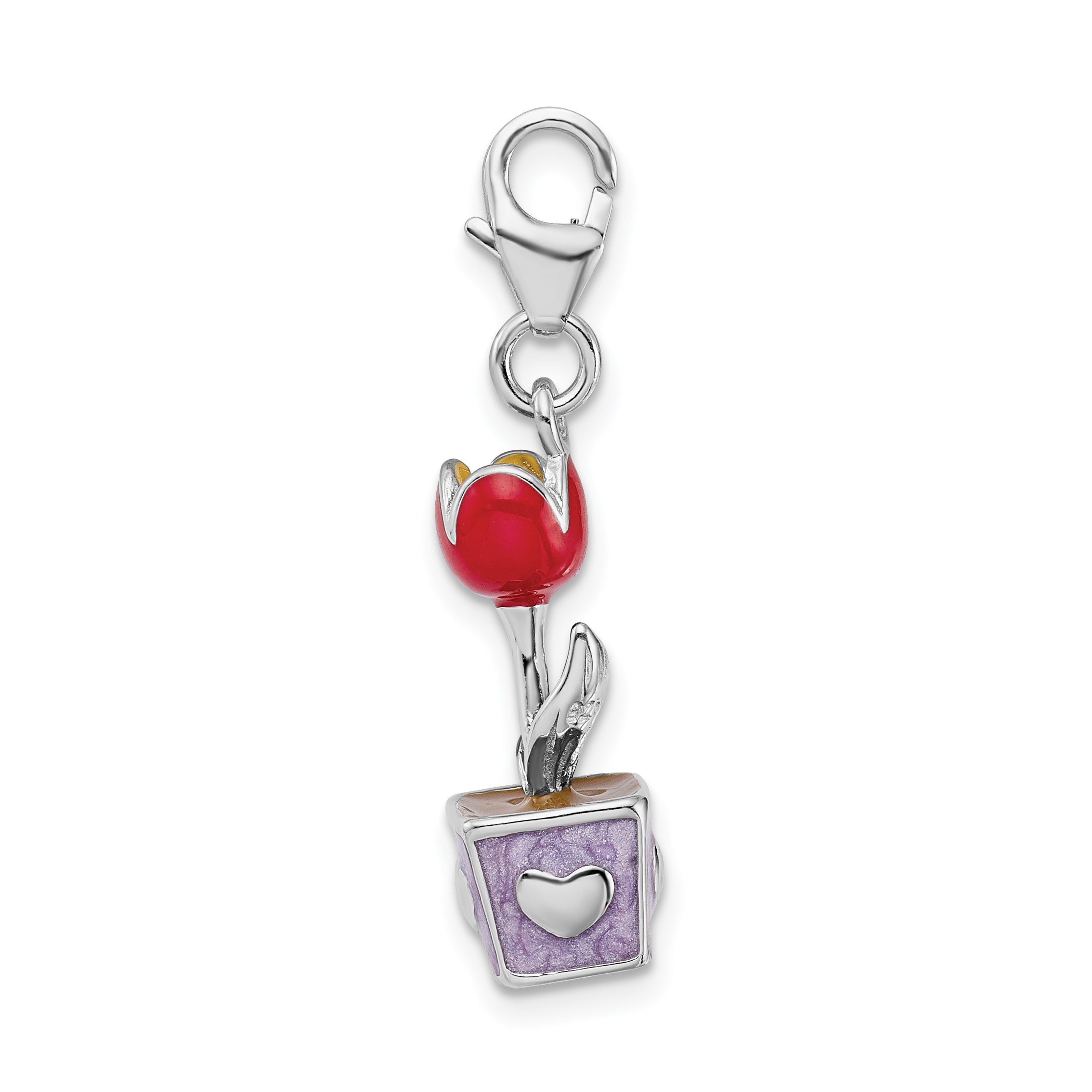 Amore La Vita Sterling Silver Rhodium-plated Polished 3-D Red Enameled Potted Tulip Flower Charm with Fancy Lobster Clasp Secondary image