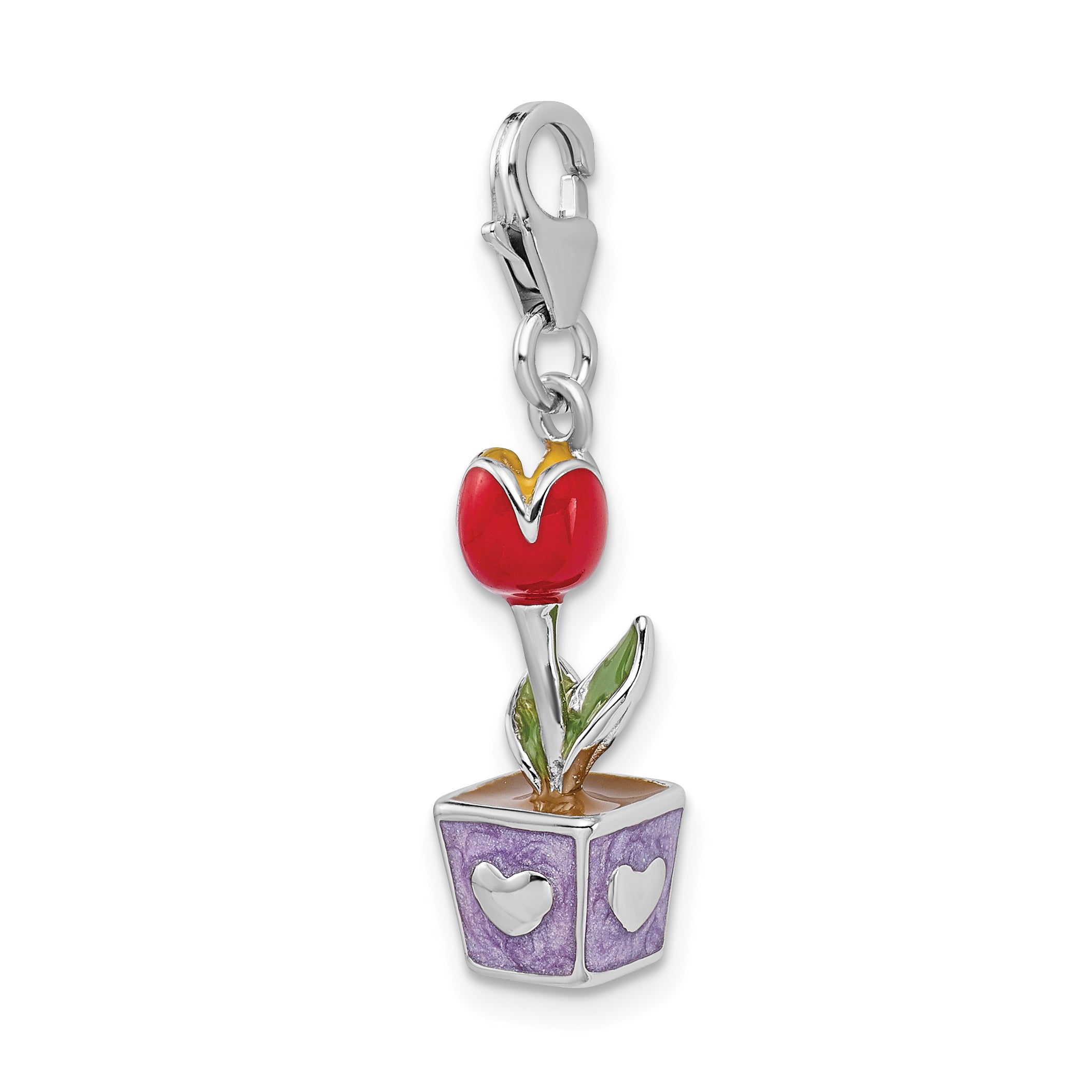 Amore La Vita Sterling Silver Rhodium-plated Polished 3-D Red Enameled Potted Tulip Flower Charm with Fancy Lobster Clasp