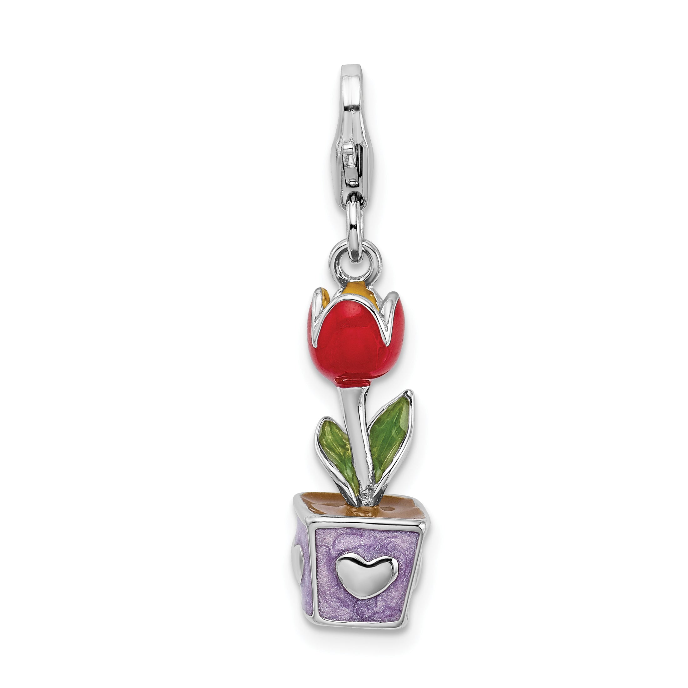 Amore La Vita Sterling Silver Rhodium-plated Polished 3-D Red Enameled Potted Tulip Flower Charm with Fancy Lobster Clasp Main image