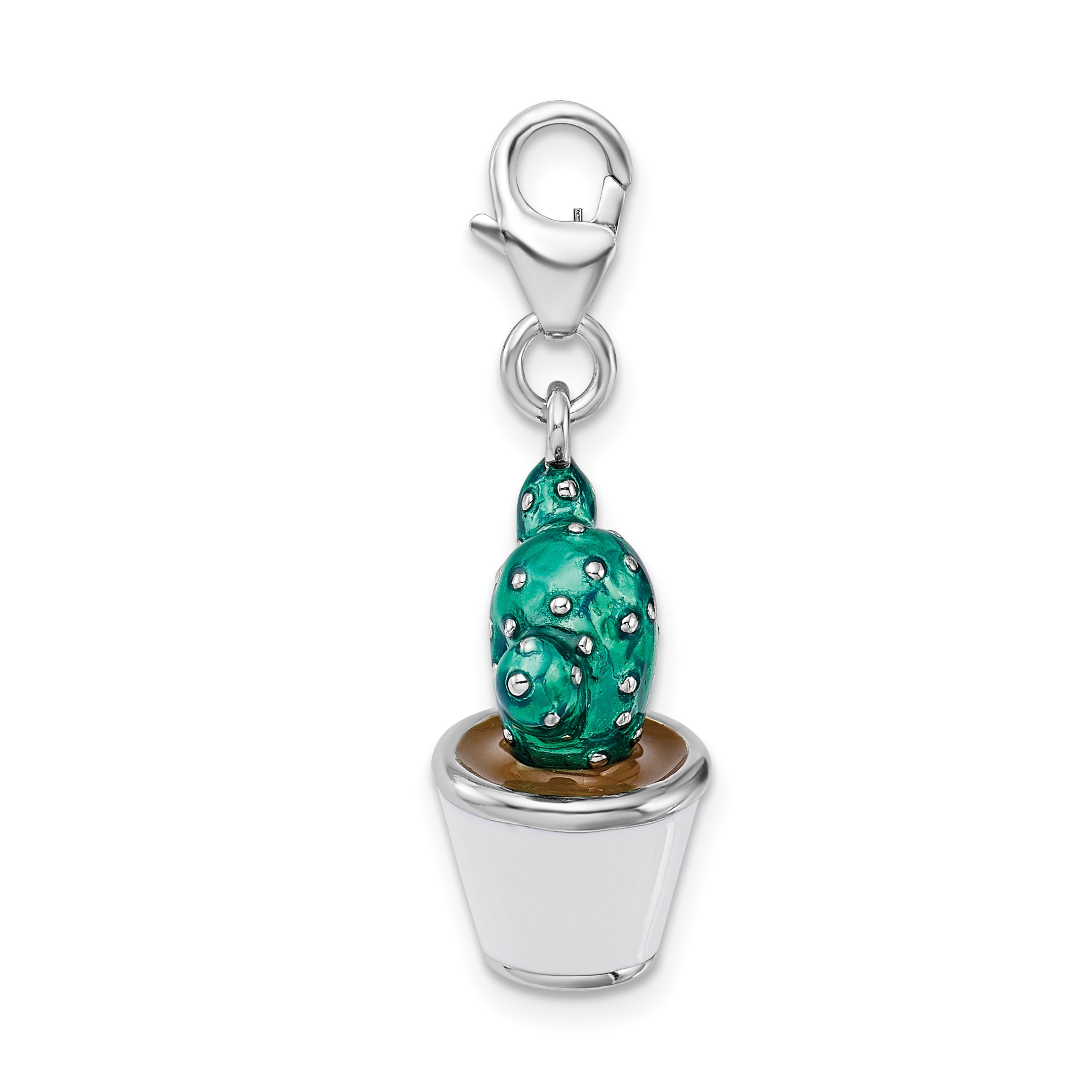Amore La Vita Sterling Silver Rhodium-plated Polished 3-D Enameled Potted Green Cactus Charm with Fancy Lobster Clasp Secondary image